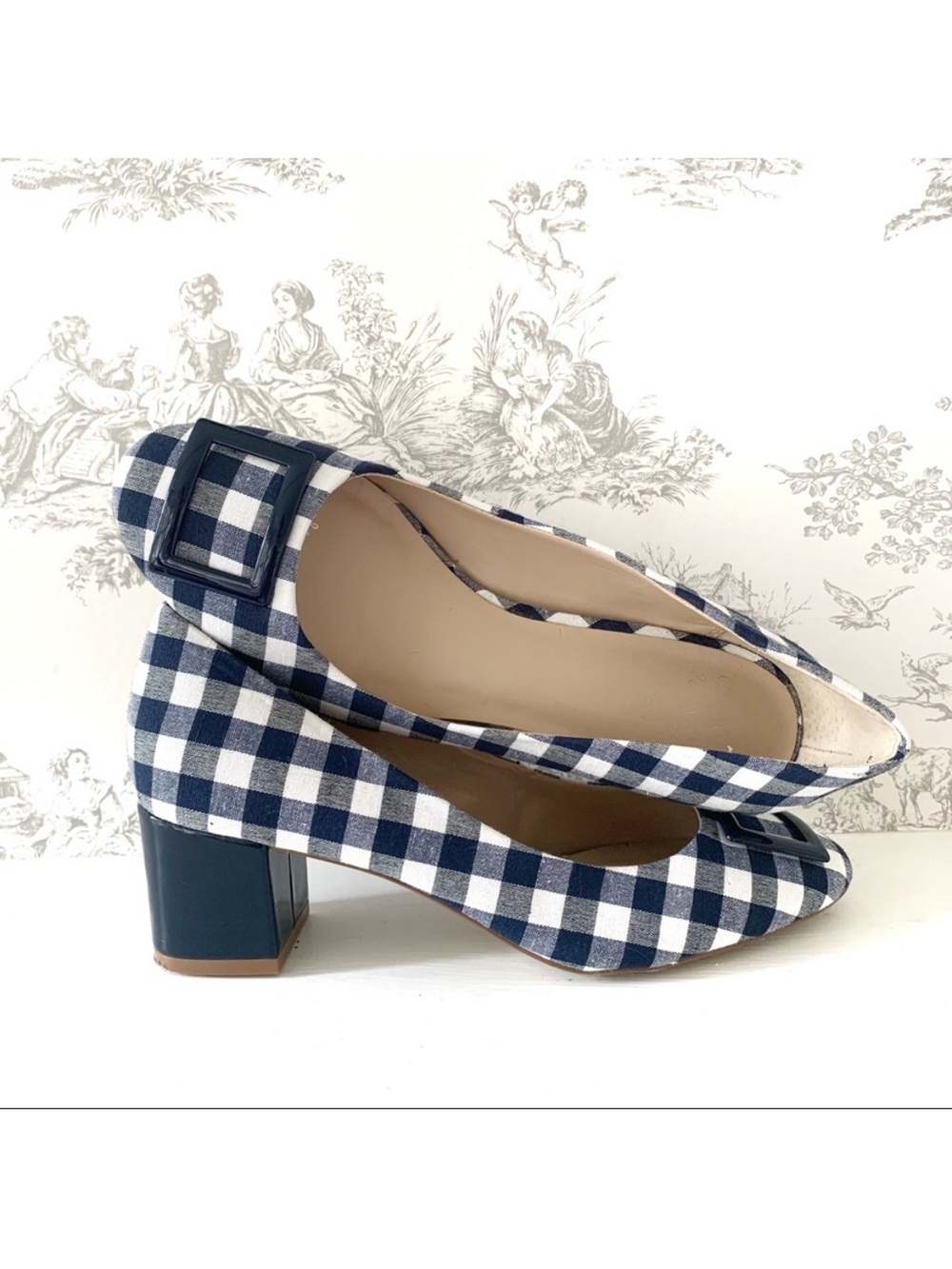 crown & ivy Navy and White Gingham Block Heel Pumps